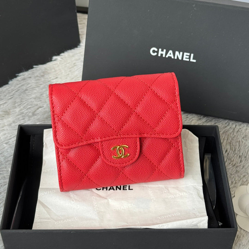 Chanel 25S Cf Small Tri Fold Wallet 11 in Vivid Red Caviar Gold Hardware