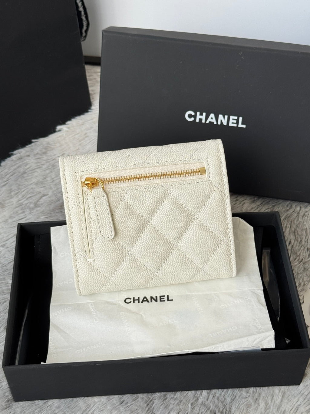 Chanel 25S Cf Small Tri Fold Wallet 11 in Ivory Caviar Gold Hardware